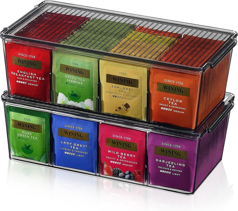 Lifewit Plastic Black Tea Bag Organizer, Divided Storage Bin Box with 8 Compartments, Holds Coffee Pods, Sugar Packets, Condiments, Snacks for Countertop, Cabinet, 2 Pack - Image 1